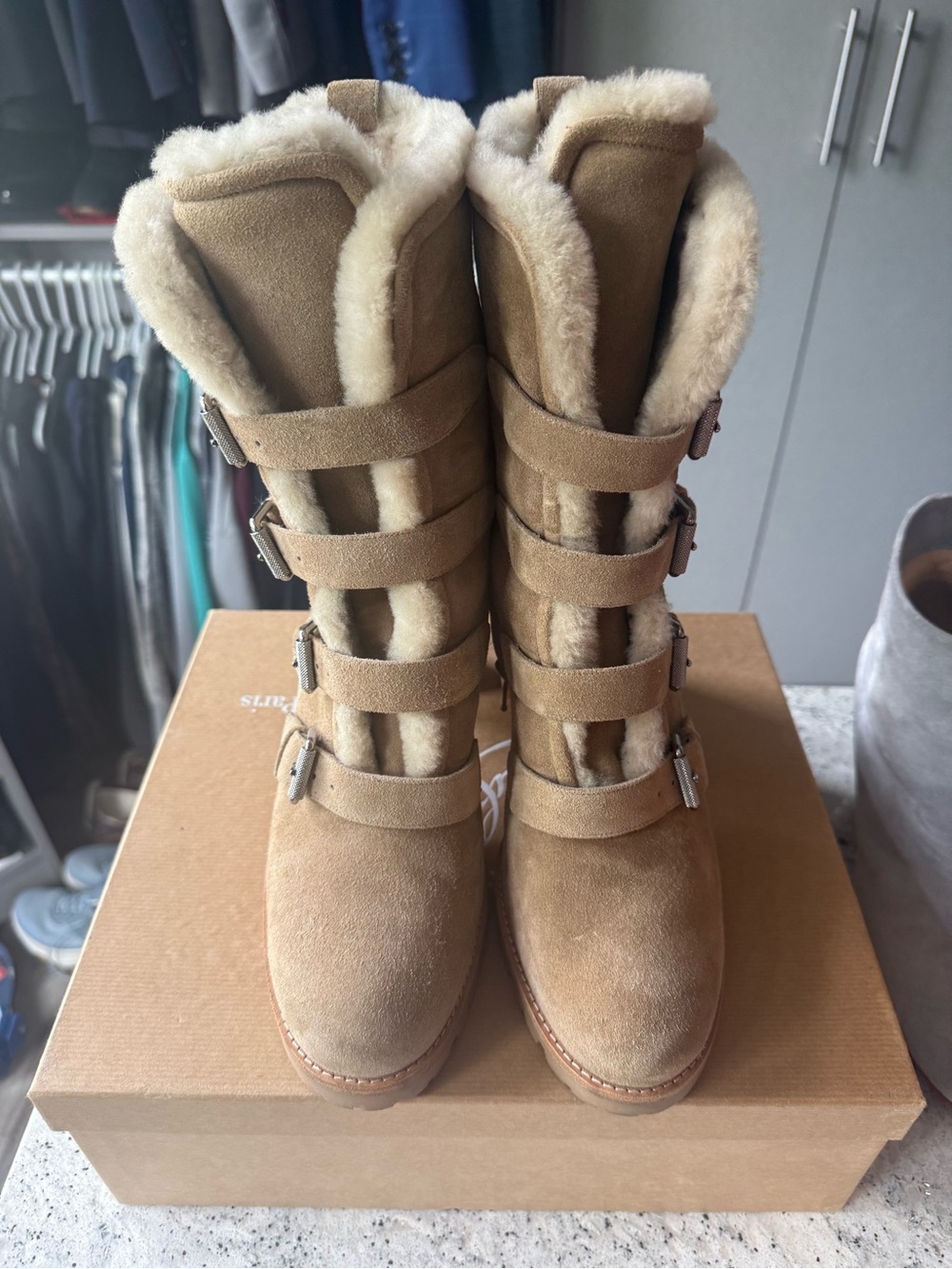 Christian Louboutin Tan Suede Shearling Buckle Mid-Calf Boots